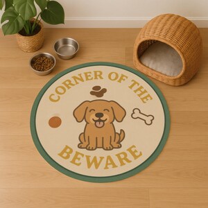 Tappeto Corner Of The Beware - Tappeto rotondo divertente per cani con un simpatico design di cuccioli e ossa per angoli dedicati all'alimentazione degli animali domestici