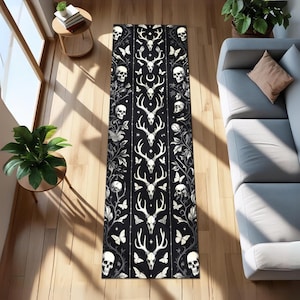 Dark Academia Gothic Runner Rug, Witchy Skull Decor, Antler Aesthetic Rug, Black Gothic Nature Rug, Skeleton Hallway Rug, Witch Home Decor