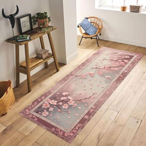 Cherry Blossom Runner Rug, Japanese Sakura Floral Rug, Spring Hallway Rug, Pastel Pink Zen Rug, Japandi Style Soft Petal Carpet image 2
