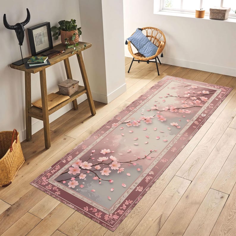 Cherry Blossom Runner Rug, Japanese Sakura Floral Rug, Spring Hallway Rug, Pastel Pink Zen Rug, Japandi Style Soft Petal Carpet image 2