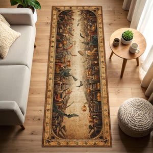 May include: A rectangular rug featuring a detailed illustration of a library with books, birds, and floating objects. The rug has a brown and beige color scheme with a decorative border. The design evokes a fantasy or magical theme.