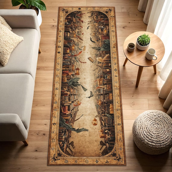 Vintage Library Hallway Runner Rug, Bookish Aesthetic Carpet with Magical Symbols, Antique Book Shelves Print, Rustic Boho Entryway Decor