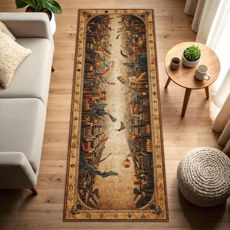 May include: A rectangular rug featuring a detailed illustration of a library with books, birds, and floating objects. The rug has a brown and beige color scheme with a decorative border. The design evokes a fantasy or magical theme.