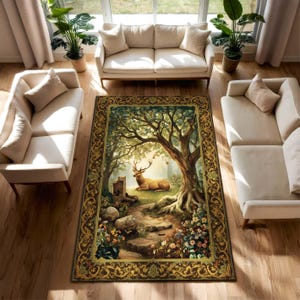 May include: A rectangular area rug featuring a forest scene with a deer resting under a large tree. The rug has a detailed border with a gold and brown design. The color palette includes greens, browns, and beige.