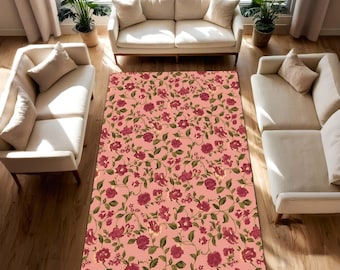 Pink Floral Area Rug with Burgundy Blossoms, Botanical Pattern Carpet for Living Room or Bedroom, Boho Cottagecore Home Decor Accent Mat