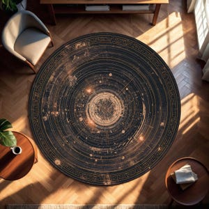 Pode incluir: Um tapete redondo preto com um design celestial dourado e bronze. O design apresenta círculos concêntricos e padrões estelares. O tapete está colocado sobre um chão de madeira, com móveis ao fundo. Diâmetro de cerca de 200 cm.