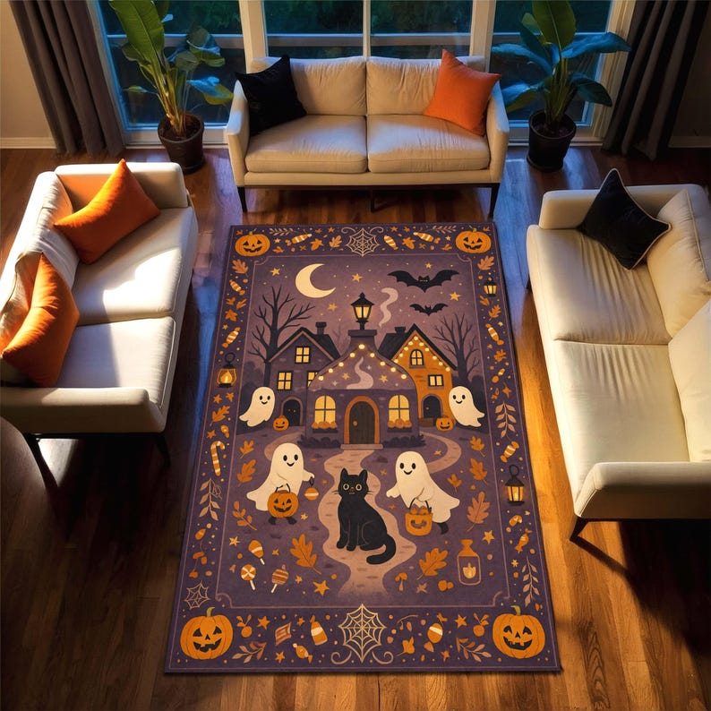 気まぐれなハロウィンラグ、黒猫とお化け屋敷でトリック・オア・トリートをする幽霊、不気味なゴシックルームの装飾に最適な紫色の魔女風秋カーペット 画像 1