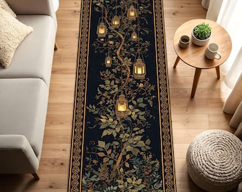 Alfombra de pasillo con diseño botánico de farol, estilo bohemio vintage, con borde oriental floral oscuro, ideal para decorar la entrada, la sala de estar y la cocina.