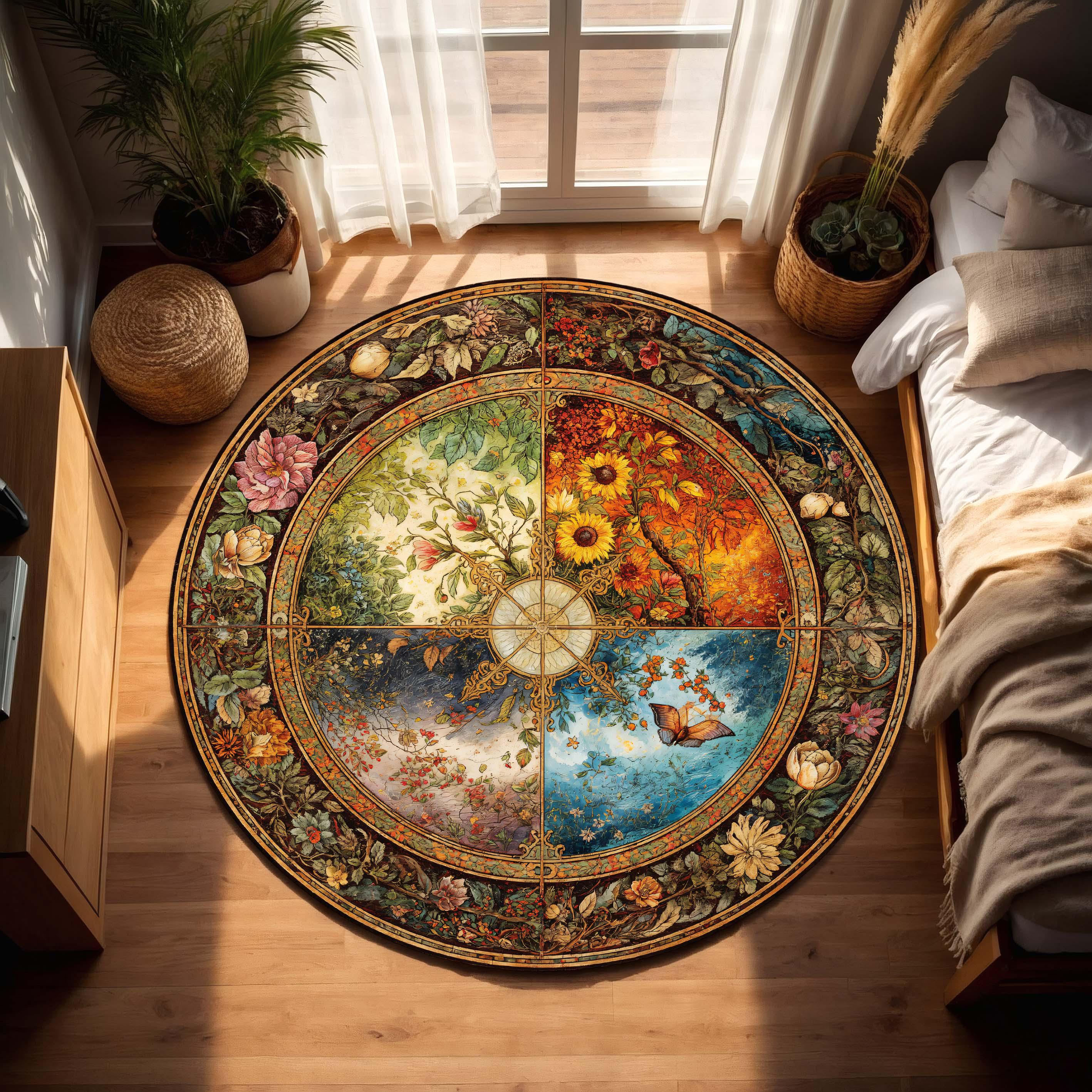 Wheel of Seasons Round Rug – Vintage Floral Mandala Area Carpet, Art ...