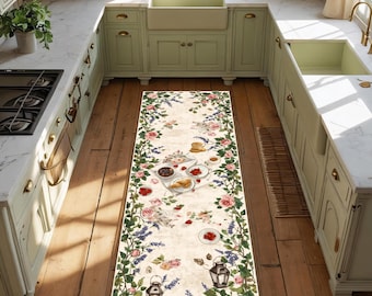 May include: A rectangular kitchen rug with a floral design. The rug features a cream-colored background with a border of pink roses, purple lavender, and green leaves. The center of the rug has images of food and lanterns.