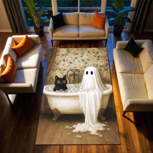 Cute Ghost and Cat Halloween Rug, Halloween Vintage Bathtub Carpet with Bubbles, Spooky Cozy Living Room Decor, Funny Ghost Floor Art