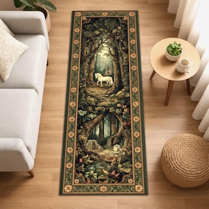 Unicorn Forest Runner Rug, Fantasy Tapestry Rug, Mystical Woodland Decor, Medieval Style Hallway Rug, Enchanted Unicorn Carpet, Washable Rug