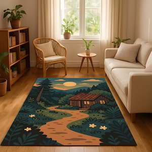 Forest Cabin Rug, Ghibli Style Nature Carpet, Cozy Cottagecore Living Room Rug, Scenic Woodland Landscape Floor Rug, Soft Warm Evening Decor