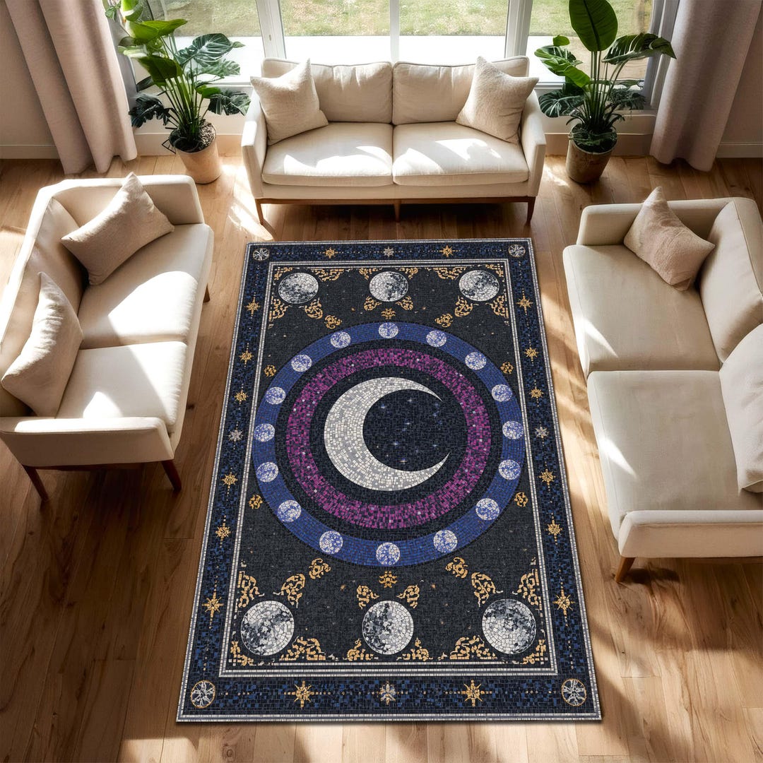 Moon Face Rug Celestial Moon Phase Mosaic Rug, Boho Astrology Area Carpet, Starry ...