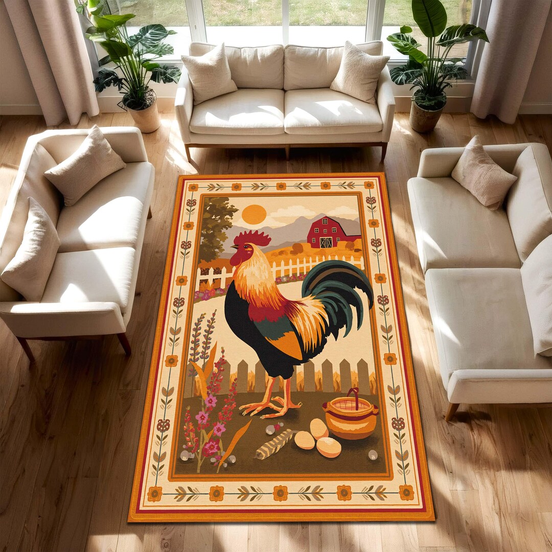 Rooster Rug Rooster Farmhouse Area Rug – Rustic Barnyard Carpet for Country Kitchen ...