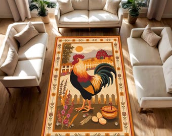 Rooster Farmhouse Area Rug – Rustic Barnyard Carpet for Country Kitchen Living Room or Bedroom, Chicken Lover Gift, Cozy Vintage Home Decor