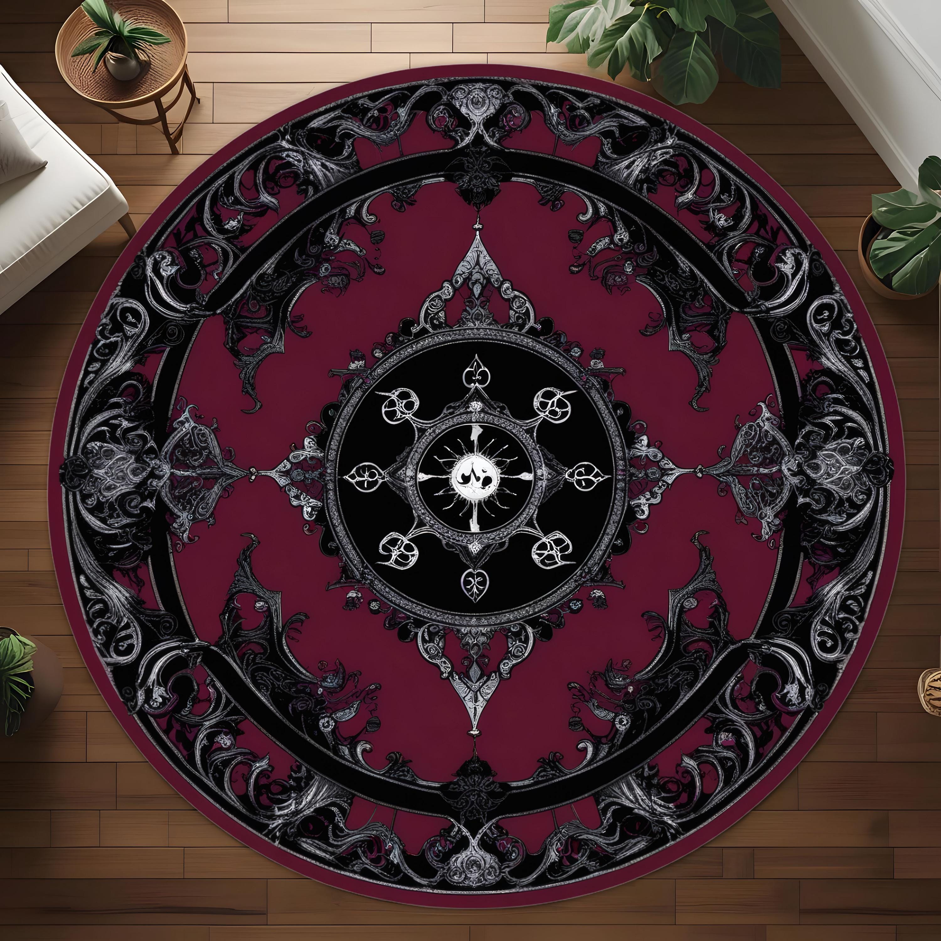 Round Gothic Rug Gothic Round Rug, Dark Baroque Sun and Moon Carpet, Black and Burgundy ...