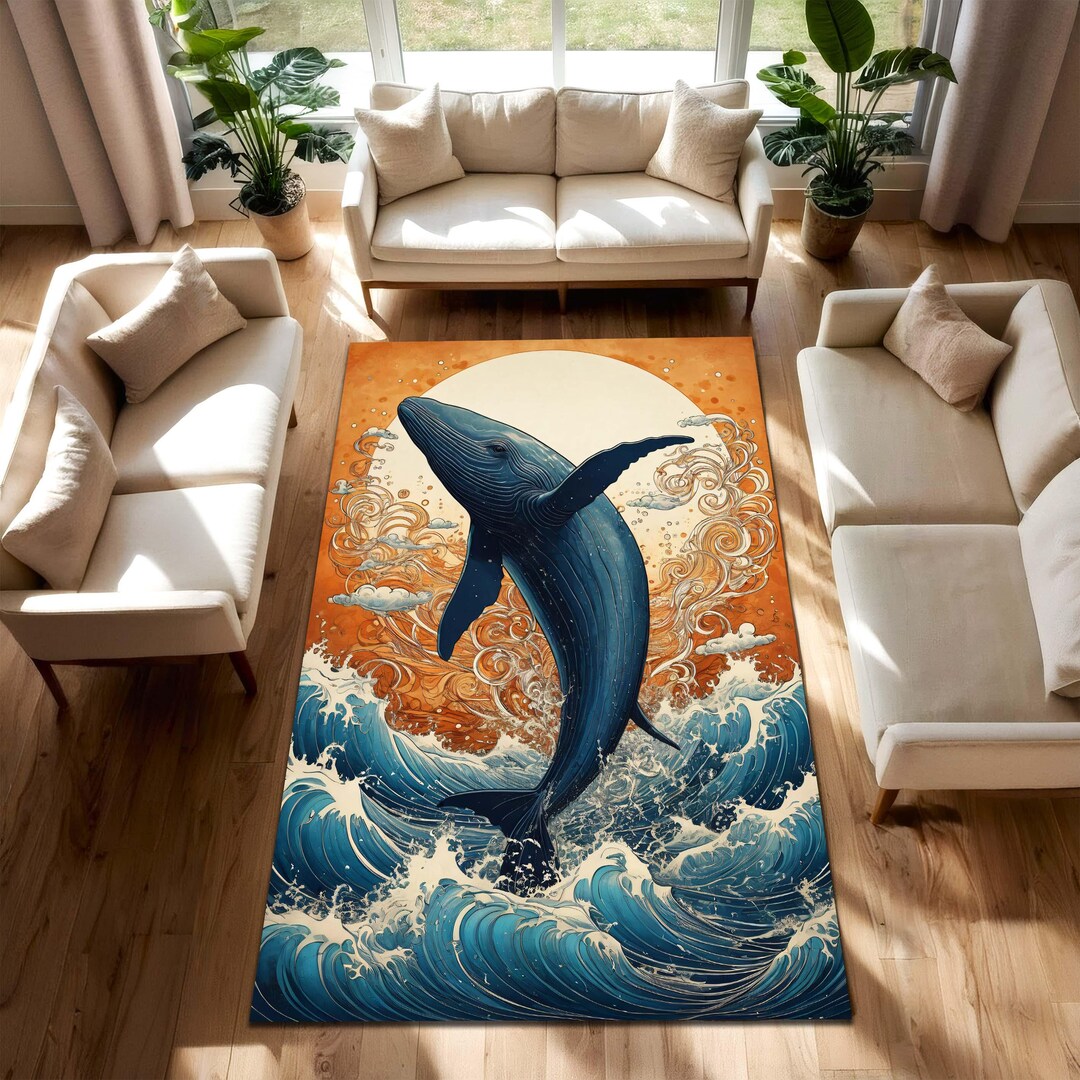 Jumping Whale Ocean Rug, Sunset Sea Carpet With Blue Waves and Humpback ...