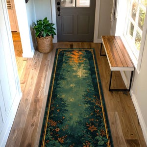 K&ouml;nnte beinhalten: Ein langer, rechteckiger Teppich mit einem Waldszenen-Design. Der Teppich hat eine dunkelgr&uuml;ne und t&uuml;rkisfarbene Farbpalette mit einem goldenen Rand. Das Design zeigt einen Wald mit B&auml;umen und Bl&auml;ttern sowie einen orange-gelben Himmel.