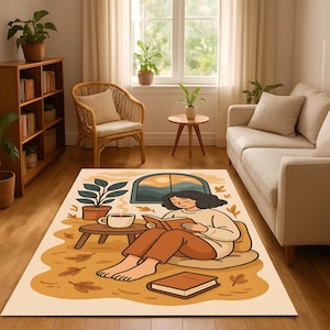 Ghibli Inspired Cozy Reading Rug, Autumn Girl With Book And Coffee Carpet, Boho Anime Style Nook Area Rug