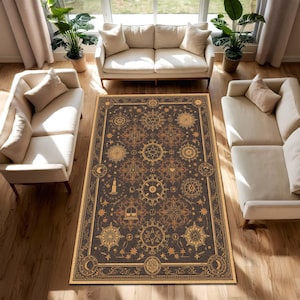 Sacred Geometry Rug, Cosmic Symbol Astrology Carpet, Dark Boho Star Map Floor Mat, Esoteric Mystical Decor for Witchy Spiritual Interiors