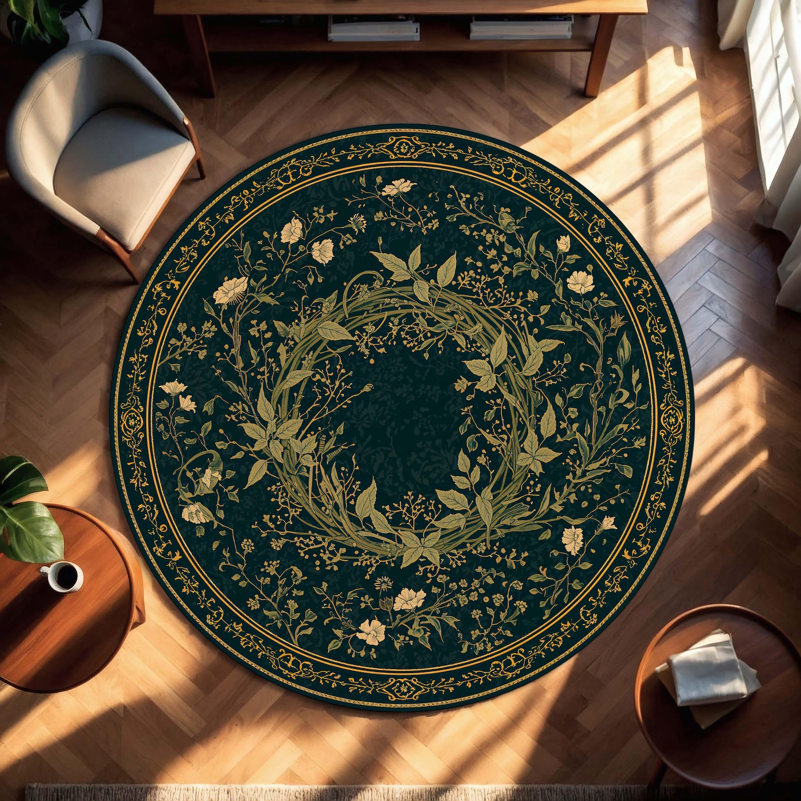 Round Green Botanical Rug, Vintage Floral Wreath Carpet, Art Nouveau ...