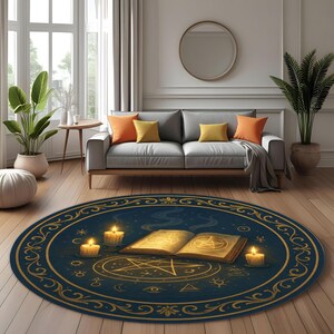 Witchy Spell Circle Rug, Round Witchcraft Altar Rug, Magic Book Pentagram Rug, Occult Gothic Decor Mat, Washable Mystic Witch Rug image 4