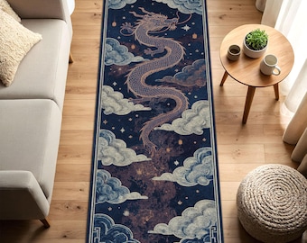 Alfombra de pasillo con diseño de dragón oriental, nube celestial azul, decoración artística de serpiente mítica china para la entrada de la sala de estar.