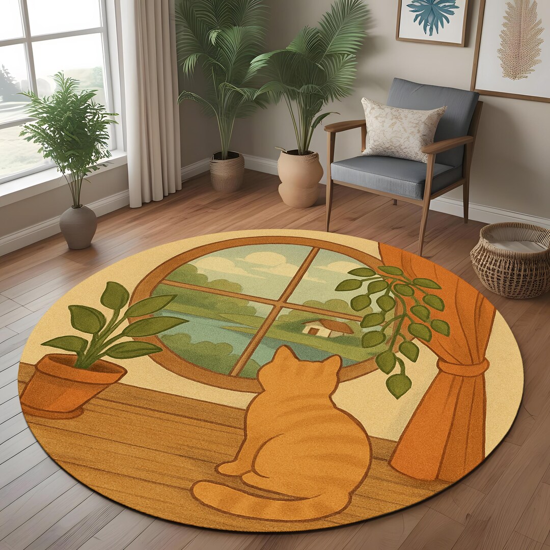 Ghibli Style Round Rug: Cozy Cat Looking Out Window Scene for Peaceful ...