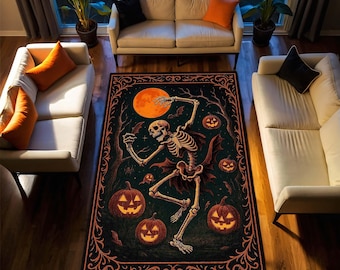 Alfombra de Halloween con esqueleto danzante, alfombra de calabaza espeluznante con luna llena y murciélagos, decoración vintage de Halloween para sala de estar o entrada.