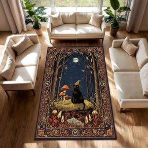 Witchy Black Cat Rug, Halloween Forest Carpet, Mysterious Moonlight Floor Mat, Magic Mushroom Decor, Dark Cottagecore Witch Room Rug