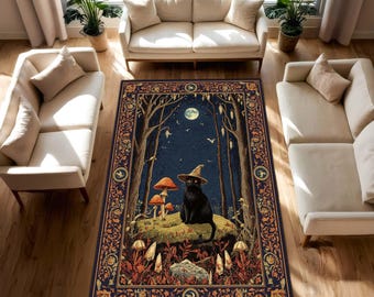 Alfombra de gato negro con diseño de bruja, decoración de hongos mágicos de Halloween, alfombra de habitación de bruja de estilo cottagecore oscuro