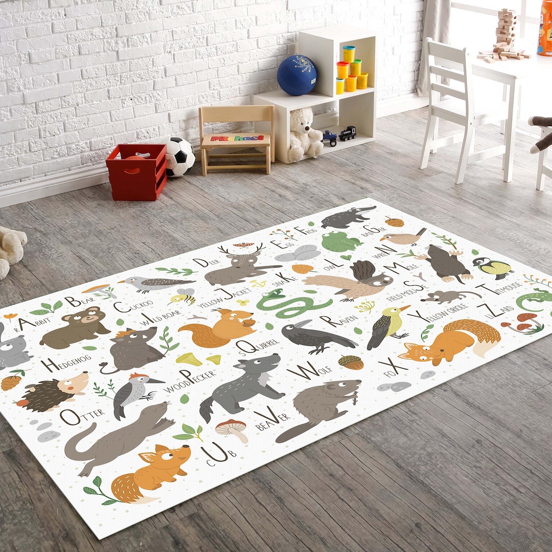 Woodlands Animals Alphabet Rug, ABC Forest Theme Carpet, Educational ...