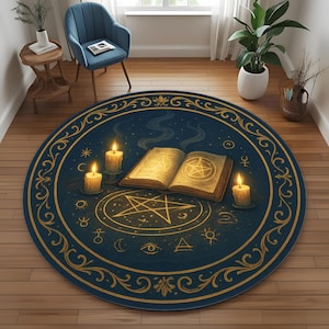 Witchy Spell Circle Rug, Round Witchcraft Altar Rug, Magic Book Pentagram Rug, Occult Gothic Decor Mat, Washable Mystic Witch Rug image 1