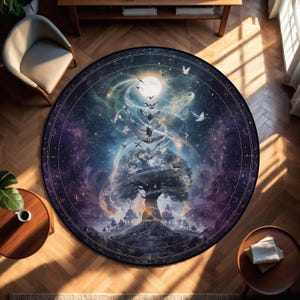 Celestial Tree of Life Round Rug, Mystical Galaxy Carpet with Birds and Moon, Spiritual Boho Floor Art for Living Room or Meditation Space
