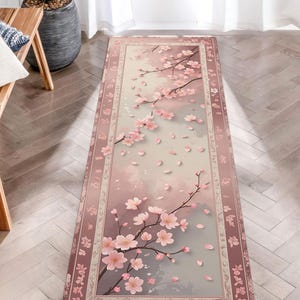 Cherry Blossom Runner Rug, Japanese Sakura Floral Rug, Spring Hallway Rug, Pastel Pink Zen Rug, Japandi Style Soft Petal Carpet image 3