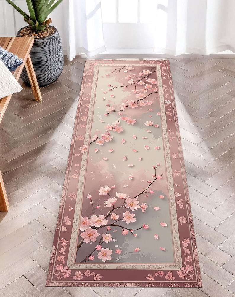Cherry Blossom Runner Rug, Japanese Sakura Floral Rug, Spring Hallway Rug, Pastel Pink Zen Rug, Japandi Style Soft Petal Carpet image 3