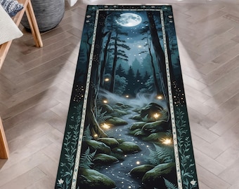 Enchanted Forest Runner Rug, Moonlight Fairy Path Rug, Mystical Woodland Hallway Rug, Fantasy Decor, Whimsical Night Scene Carpet