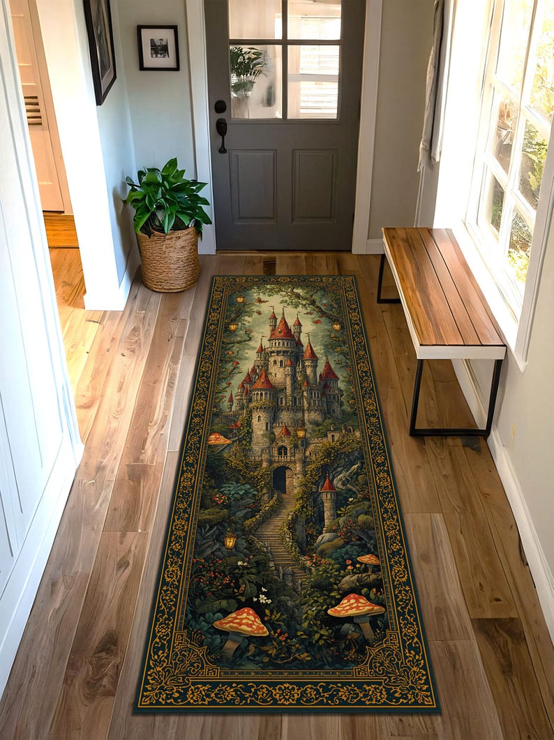 May include: A rectangular area rug featuring a detailed illustration of a fairytale castle with red-roofed towers, surrounded by lush greenery, mushrooms, and a winding path. The rug has a dark green border with ornate gold detailing.
