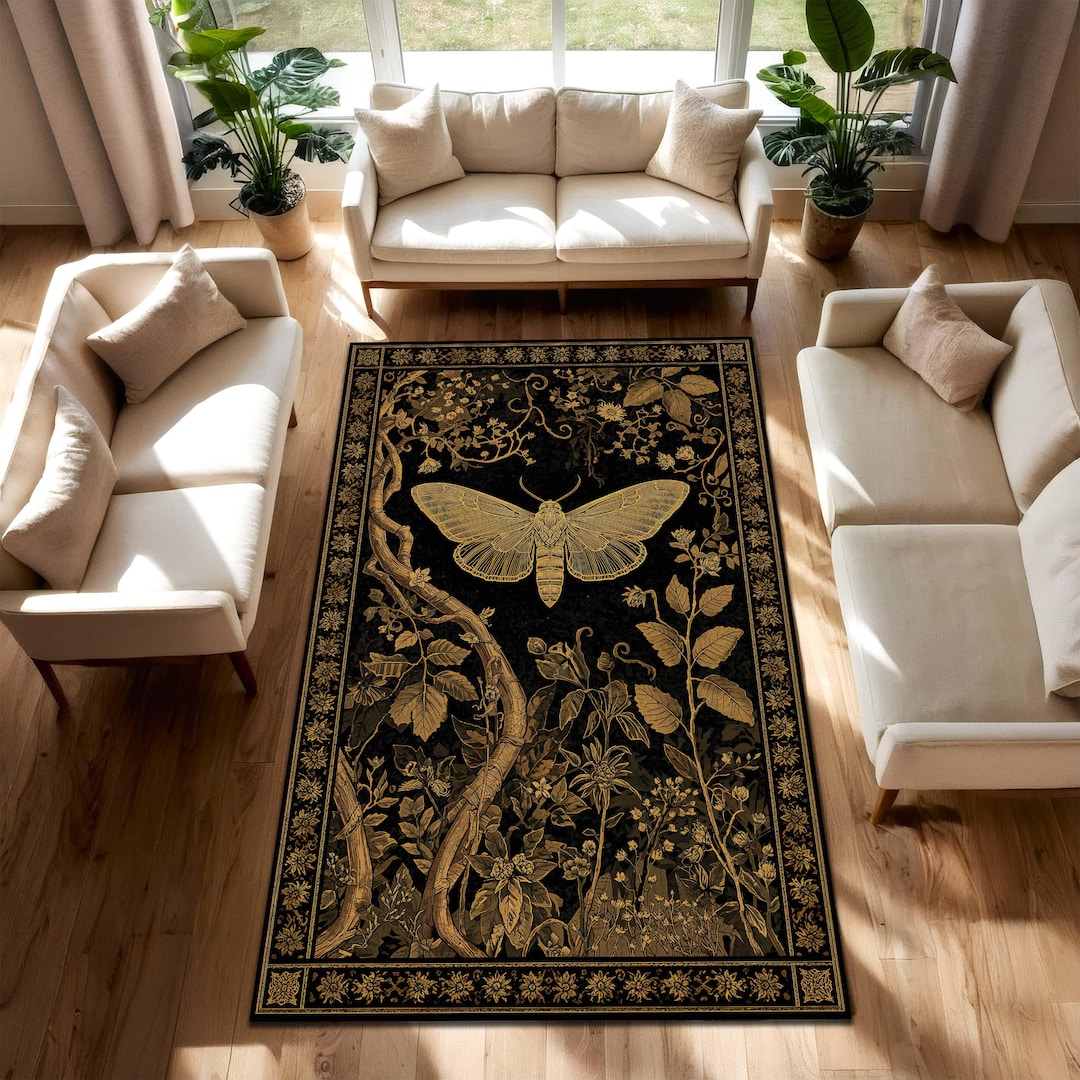 Modern Black Insect Rug Black Gold Moth Rug, Dark Botanical Area Rug for Living Room, Vintage ...