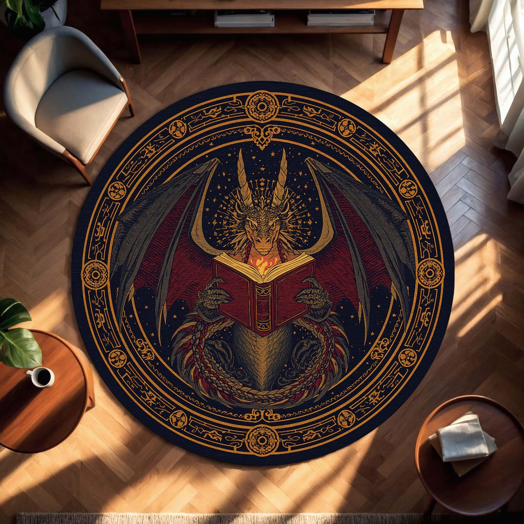 Dragon Wizard Round Rug, Mystical Reading Dragon Area Carpet, Fantasy ...