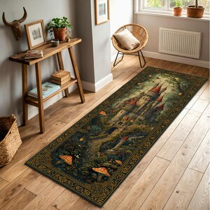 May include: A long, rectangular rug featuring a detailed illustration of a fairytale castle nestled in a lush forest. The rug has a dark green border with an ornate gold design. Red-capped mushrooms and glowing orbs are scattered throughout the scene.