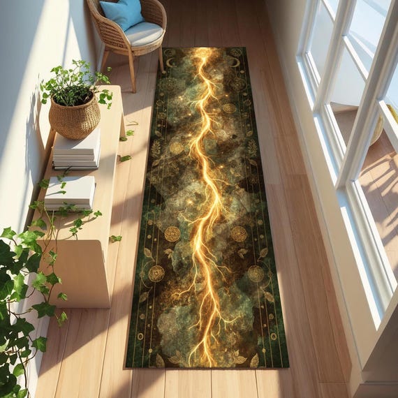 Arcane Lightning Runner Rug, Alchemy Tapestry Carpet for Witchy Hallways or Gothic Cosmic Decor