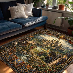 May include: A detailed area rug featuring a medieval castle scene with knights, horses, and a river. The rug has a dark blue border with floral and heraldic designs. The central image depicts a castle, bridge, and figures in armor.