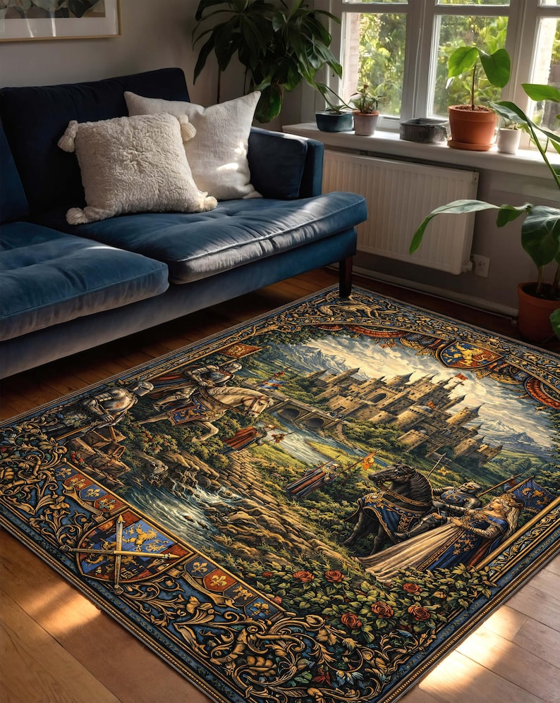May include: A detailed area rug featuring a medieval castle scene with knights, horses, and a river. The rug has a dark blue border with floral and heraldic designs. The central image depicts a castle, bridge, and figures in armor.