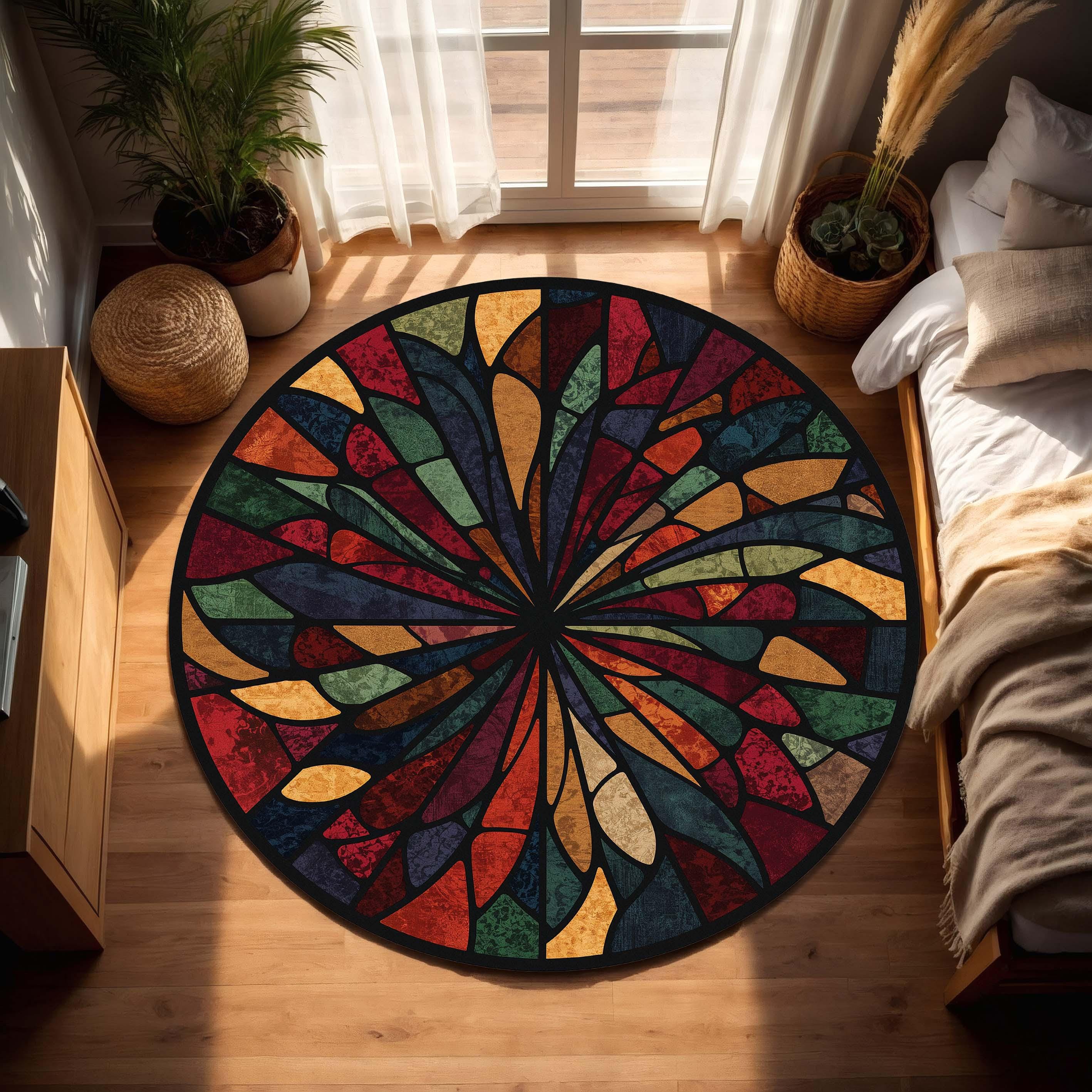 Window Pane Square Rug Round Stained Glass Style Area Rug, Colorful Mosaic Mandala Carpet ...