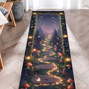Fairy Forest Runner Rug, Whimsical Glowing Pathway Rug, Fairycore Kids Room Decor, Enchanted Mushroom Carpet, Magical Woodland Hallway Rug image 3
