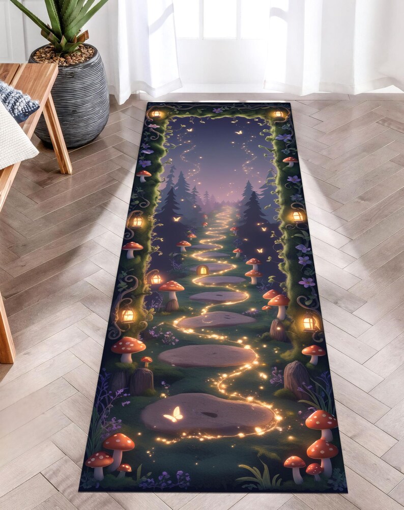 Fairy Forest Runner Rug, Whimsical Glowing Pathway Rug, Fairycore Kids Room Decor, Enchanted Mushroom Carpet, Magical Woodland Hallway Rug image 3