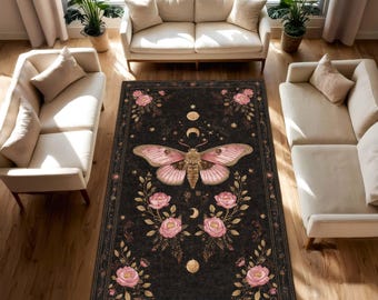 Gothic Moth Moon Floral Rug, Gothic Boho Area Carpet, Dark Botanical Rose Medallion, Pink Insect Celestial Decor for Living Room and Bedroom