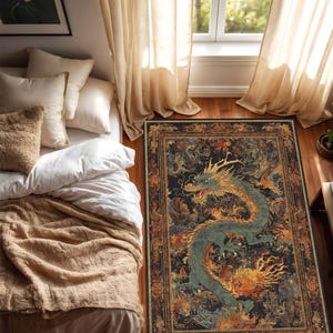 Orientalisk drakematta, vintagematta i asiatisk stil, mytisk ormkonst, mörk boho vardagsrumsinredning, sovrumsdekor, halkfri tvättbar bild 4